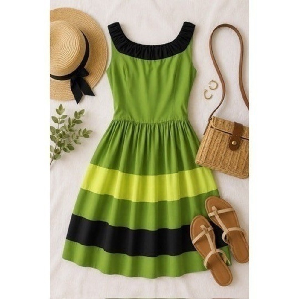 Kensie Pretty Green Striped 100% Silk Sleeveless Fit & Flare Dress Size Small